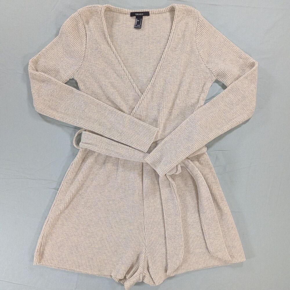 Forever 21 Beige Ribbed Long Sleeve Wrap Romper